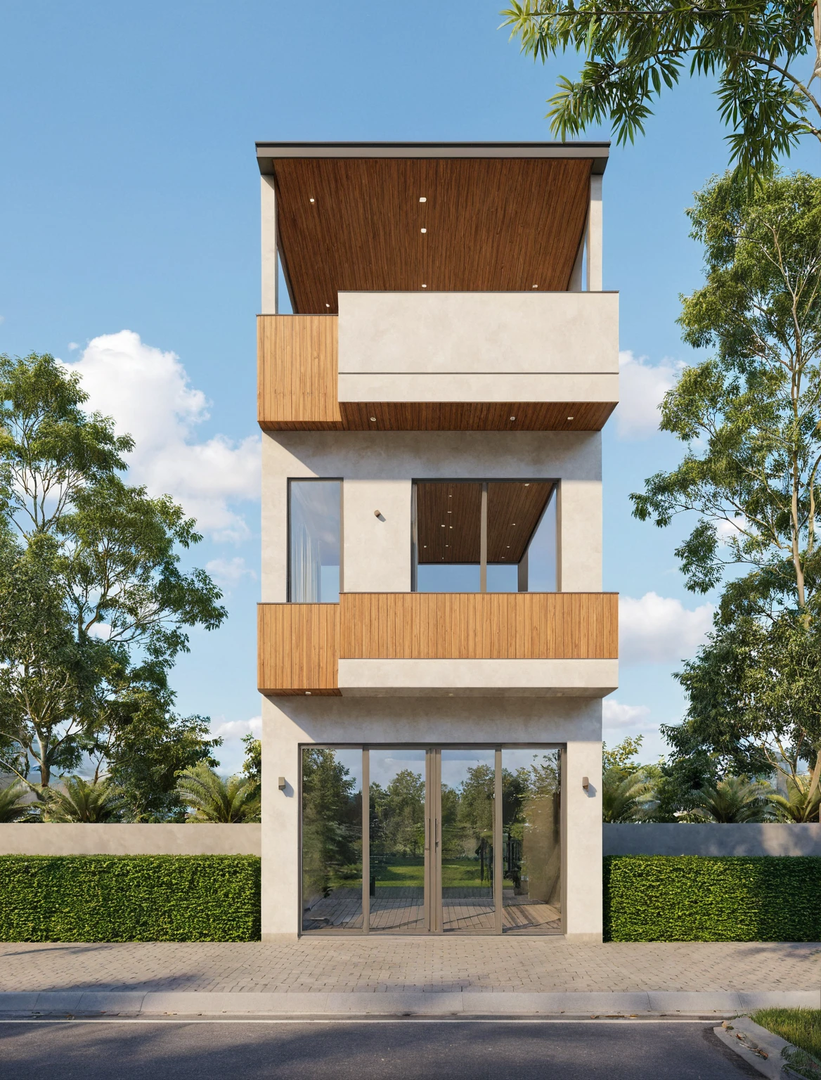 Raw photo,Masterpiece, high quality, best quality, authentic, super detail,
exterior, outdoors, house style modern on the street, glass windows, gate, wooden ceiling,
road,pavement, trees, sky, cloud, (daylight:1.1)