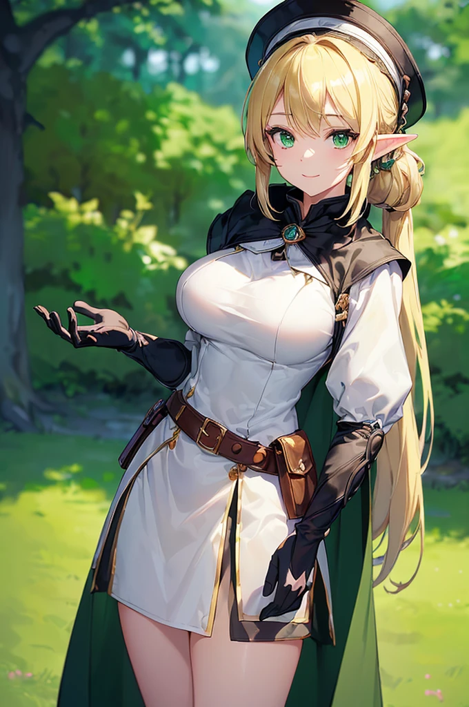 (((masterpiece; best quality: 1.2))), (finely detailed eyes: 1.3), (25 year old elf woman), (solo), (green eyes: 1.4), (body; big breasts, fit, femenine: 1.3), (silky blonde hair in low ponytail: 1.3), (beautiful and clear background: 1.2), ((depth of field)), (equipment: adventurer garb + modest + elegant wide-brim hat + dark blouse + dark cape + black long skirt + gloves + belt + pouches: 1.3), (anime illustration: 1.2), (background composition; royal garden: 1.1), (extremely fine and beautiful: 1.1), (shot composition; standing + centered on torso + close-up: 1.5), (expression; calm, smile: 1.2)