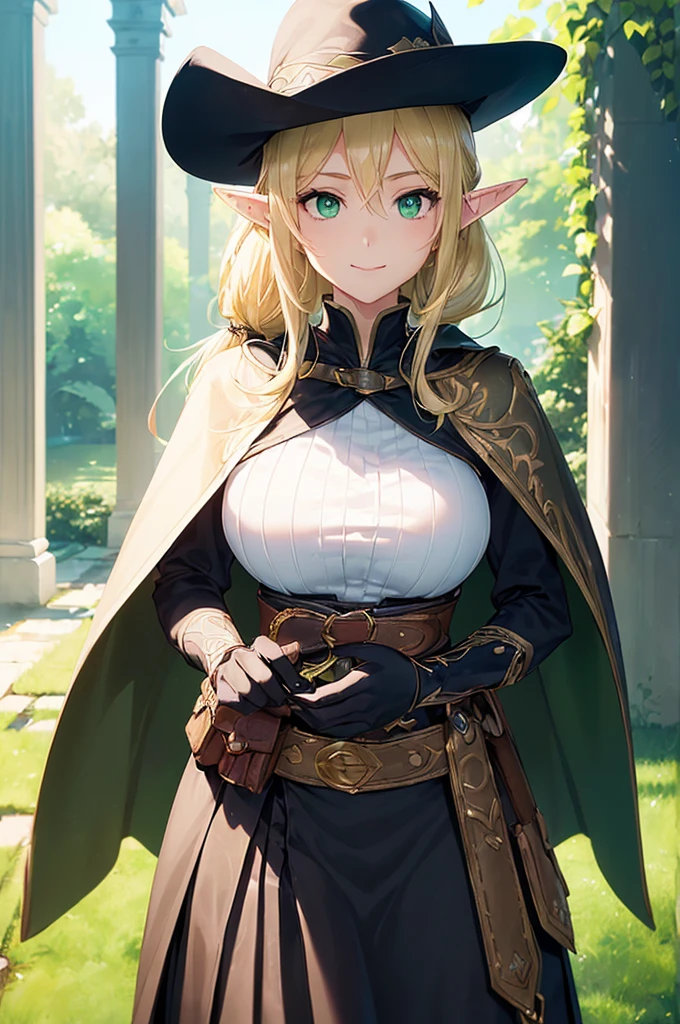 (((masterpiece; best quality: 1.2))), (finely detailed eyes: 1.3), (25 year old elf woman), (solo), (green eyes: 1.4), (body; big breasts, fit, femenine: 1.3), (silky blonde hair in low ponytail: 1.3), (beautiful and clear background: 1.2), ((depth of field)), (equipment: adventurer garb + modest + elegant wide-brim hat + dark blouse + dark cape + black long skirt + gloves + belt + pouches: 1.3), (anime illustration: 1.2), (background composition; royal garden: 1.1), (extremely fine and beautiful: 1.1), (shot composition; standing + centered on torso + close-up: 1.5), (expression; calm, smile: 1.2)