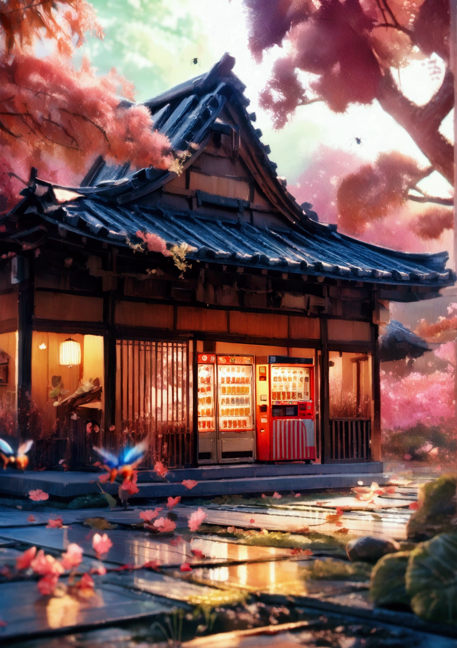 A beautiful traditional Japanese inn, intricate details, delicate flying insects, mesmerizing vending machine, photo-realistic, 8k, high quality, hyperrealistic, cinematic lighting, warm color tones, serene atmosphere, lush greenery, wooden architecture, sliding doors, tatami mats, calming ambiance, natural elements, dreamlike, masterpiece