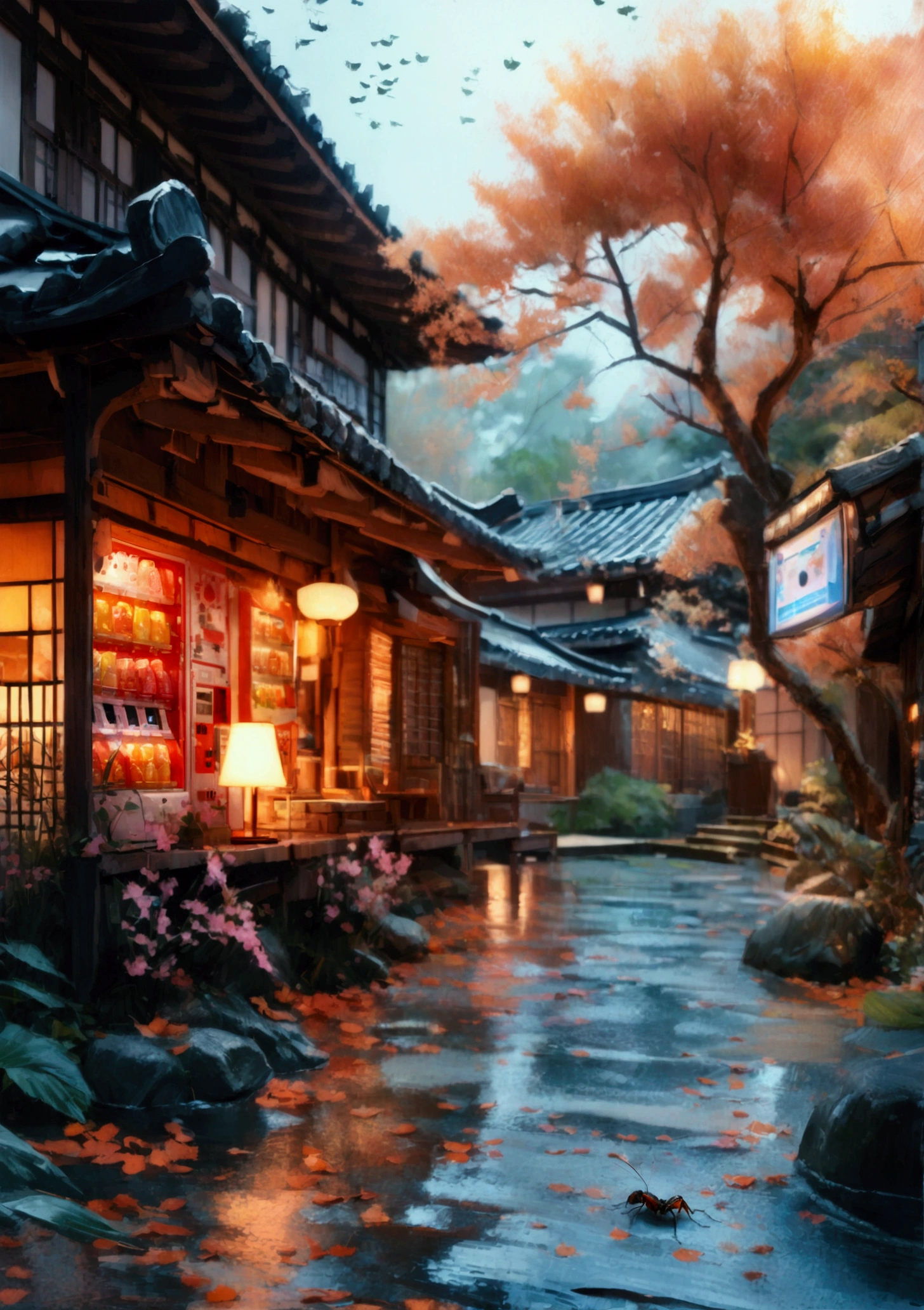 A beautiful traditional Japanese inn, intricate details, delicate flying insects, mesmerizing vending machine, photo-realistic, 8k, high quality, hyperrealistic, cinematic lighting, warm color tones, serene atmosphere, lush greenery, wooden architecture, sliding doors, tatami mats, calming ambiance, natural elements, dreamlike, masterpiece