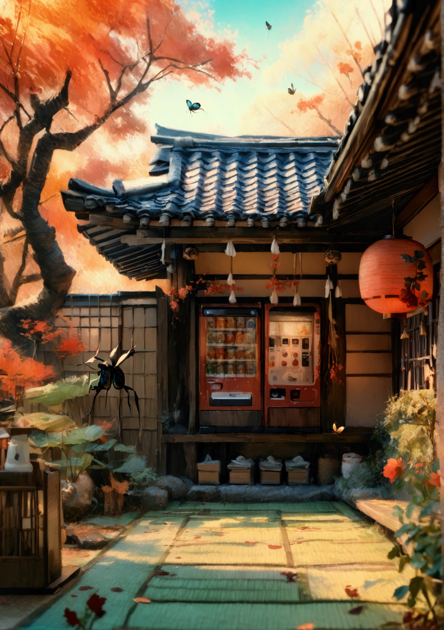 A beautiful traditional Japanese inn, intricate details, delicate flying insects, mesmerizing vending machine, photo-realistic, 8k, high quality, hyperrealistic, cinematic lighting, warm color tones, serene atmosphere, lush greenery, wooden architecture, sliding doors, tatami mats, calming ambiance, natural elements, dreamlike, masterpiece