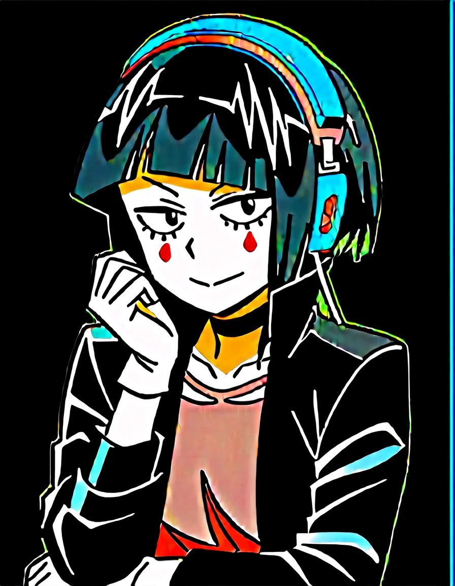 sharp focus, pixiv masterpiece, intricate details,  source_anime,  score_9_up, score_8_up, score_7_up, score_9,  
 ultra-high definition image, 1girl,solo, absurd res, looking at viewer, BREAK
kyokajiro_mha, earlobes, earphone plugs, headphones, red_face_marks, black choker, dark leather jacket, ripped shirt, jeans, boots, fingerless_bulk_gloves,   score_9, source_anime, standing, back to wall, crossed arms, light smile,