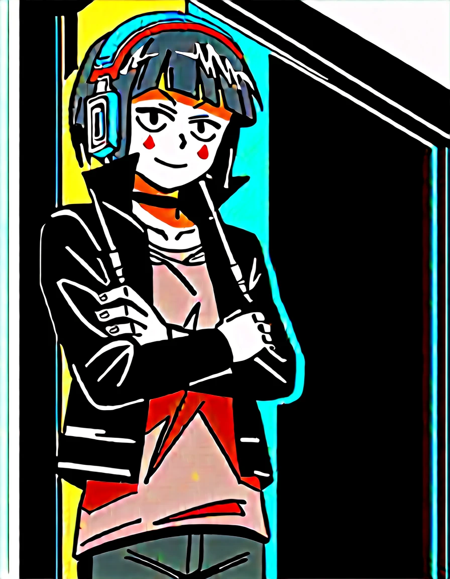 sharp focus, pixiv masterpiece, intricate details, source_anime, score_9_up, score_8_up, score_7_up, score_9,
ultra-high definition image, 1girl,solo, absurd res, looking at viewer, BREAK
kyokajiro_mha, earlobes, earphone plugs, headphones, red_face_marks, black choker, dark leather jacket, ripped shirt, jeans, boots, fingerless_bulk_gloves, score_9, source_anime, standing, back to wall, crossed arms, light smile,