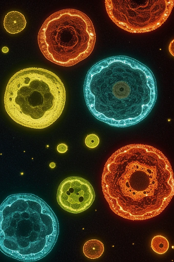 Creates an image as if 2 cornified cells were seen from a microscope, 2 nuclear cells and 3 leukocytes in the same field