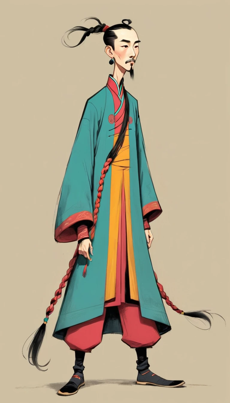 (((Exaggerated digital character sketches:1.37))).(China-Qing Dynasty Prince-Long Braid),(Black sketch lines,Loose brushstrokes create the outline,Cartoon Style. Bright colors and simplified lines, sketch)。(Exaggerated body movements,Long legs),(fear)