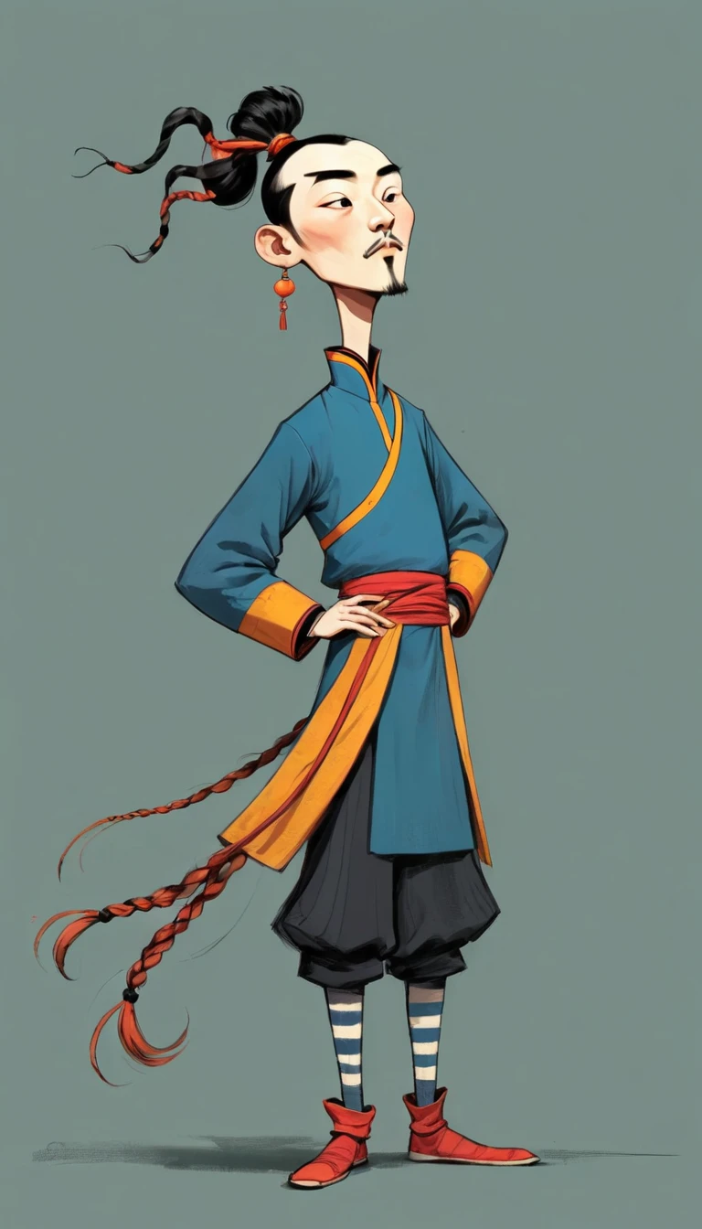 (((Exaggerated digital character sketches:1.37))).(China-Qing Dynasty Prince-Long Braid)，(Black sketch lines，Loose brushstrokes create the outline，Cartoon Style. Bright colors and simplified lines, sketch)。(Exaggerated body movements，Long legs),(fear）