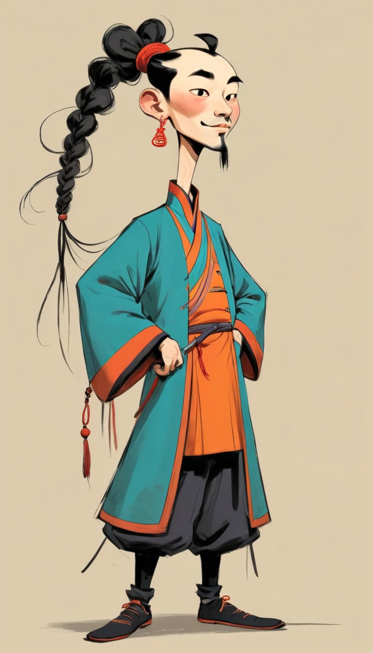 (((Exaggerated digital character sketches:1.37))).(China-Qing Dynasty Prince-Long Braid),(Black sketch lines,Loose brushstrokes create the outline,Cartoon Style. Bright colors and simplified lines, sketch)。(Exaggerated body movements,Long legs),(fear)