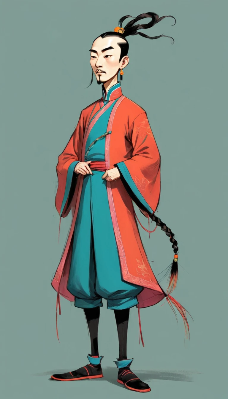 (((Exaggerated digital character sketches:1.37))).(China-Qing Dynasty Prince-Long Braid),(Black sketch lines,Loose brushstrokes create the outline,Cartoon Style. Bright colors and simplified lines, sketch)。(Exaggerated body movements,Long legs),(fear)
