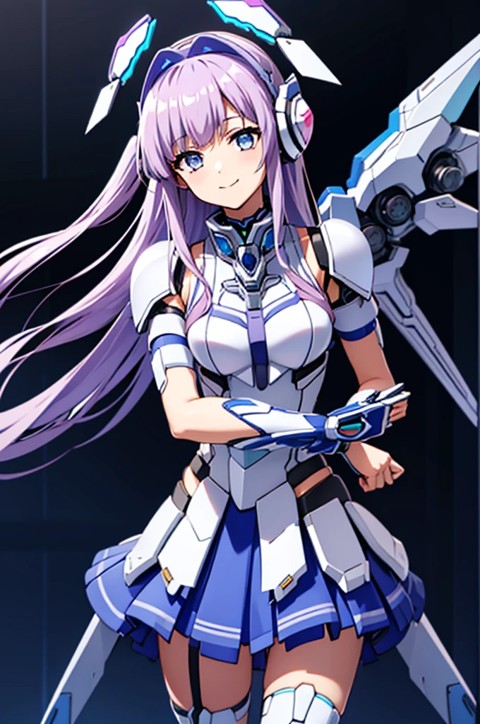 mecha wings、Blue Skirt、Accentuated thighs、chest、Light purple hair、1 girl、solo girl、IS、Frame Arms Girl、Alice Gere Aegis、White Armor、Pink Line、income、headphone、hand on own chest、smile、One girl,