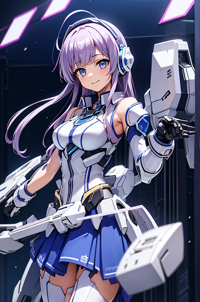 mecha wings、Blue Skirt、Accentuated thighs、chest、Light purple hair、1 girl、solo girl、IS、Frame Arms Girl、Alice Gere Aegis、White Armor、Pink Line、income、headphone、hand on own chest、smile、One girl,