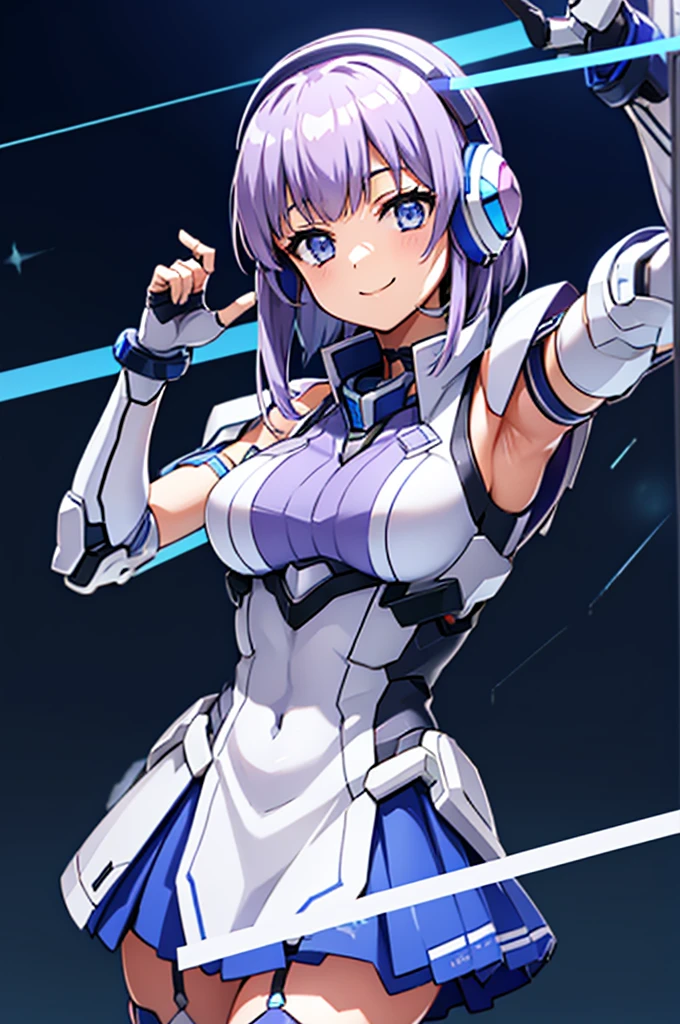 mecha wings、Blue Skirt、Accentuated thighs、chest、Light purple hair、1 girl、solo girl、IS、Frame Arms Girl、Alice Gere Aegis、White Armor、Pink Line、income、headphone、hand on own chest、smile、One girl,