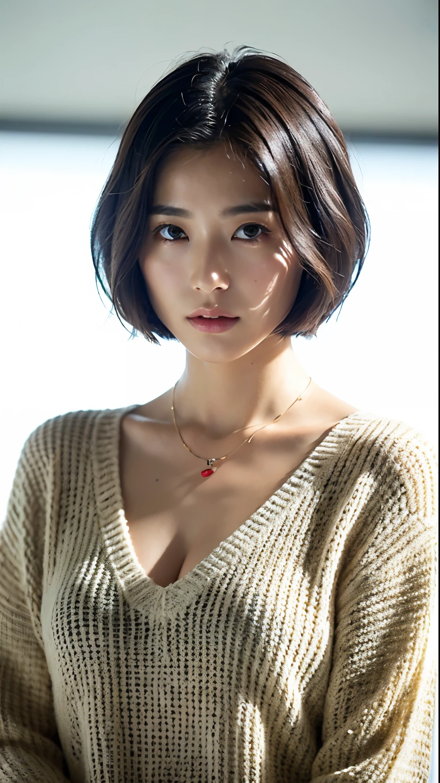 (best quality, 8K, 32K, masterpiece, Ultra HD:1.2),Photos of beautiful Japanese women, Large Breasts, Super Short Bob Hairstyle,Upper Body,Face Focus,Oversized_sweater, necklace, Simple background, from above, Looking at the audience,
