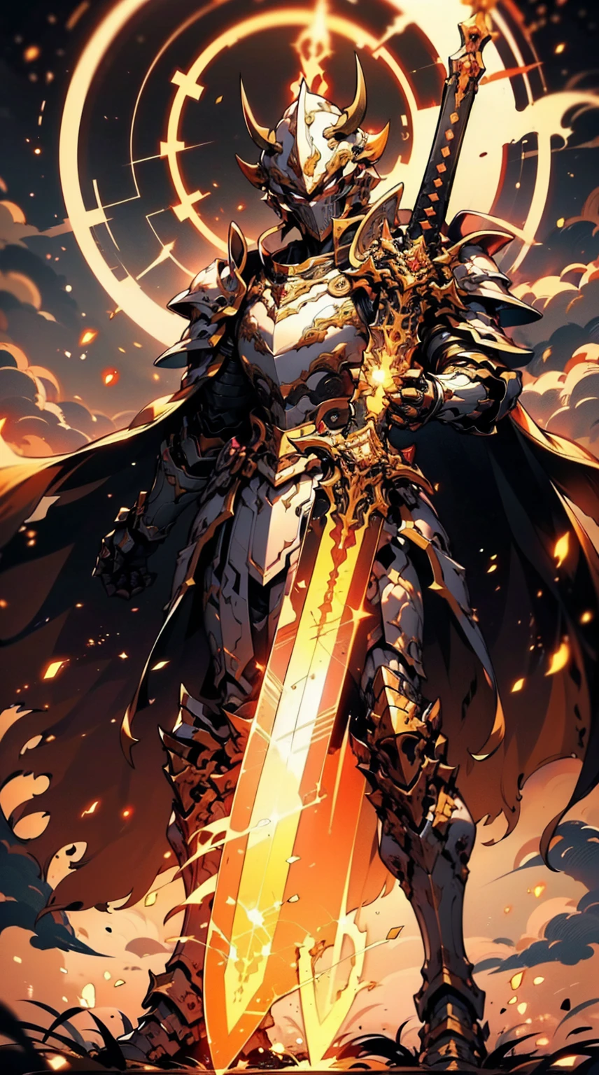 8K quality,(super masterpiece:1.3),Highest quality,Detailed Images,1 male,knight,pocket(Full Face,Two cow horns),armor(Blue full armor,Golden decoration),(Wear a red cloak,Red Cape),sword(燃えるsword,swordを右手で持つ),(background:Burning image,sunset,幻想的なsunset,The End,The end of the world,grassland,Takayama,Halo effects),(Whole body image,Standing with your legs apart),(Face directly towards the camera,Looking directly at the viewer,looking at the camera,The body faces the viewer,The body is facing the direction of the camera,Face looking straight into the camera).