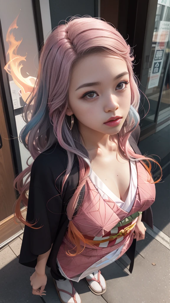 Cute Japanese woman, (16 years old), (Very cute face: 1.3), White moisturized skin,
BREAK,
Fighter, Kung Fu fighter, Idol,
BREAK,
(Wearing cute kimono: 1.3), (Very revealing kimono), Very big earrings, Short length,
BREAK,
(Long hair), (Gray hair), (Wavy hair), (Gradient pink hair: 1.3), (Red hair at the ends),
BREAK,
(Realistic: 1.3), Masterpiece, Perfect lighting, (Ultra high resolution), (8K), (Very detailed: 1.4), (From the front), Looking at the camera, Melancholic expression, (Full body),
BREAK,
(Japanese city streets: 1.2), Tokyo Tower in Japan background,
BREAK,
(Demon Slayer: 1.4),
BREAK,
(Hellfire: 1.3), Demon, (Real flames: 1.3)