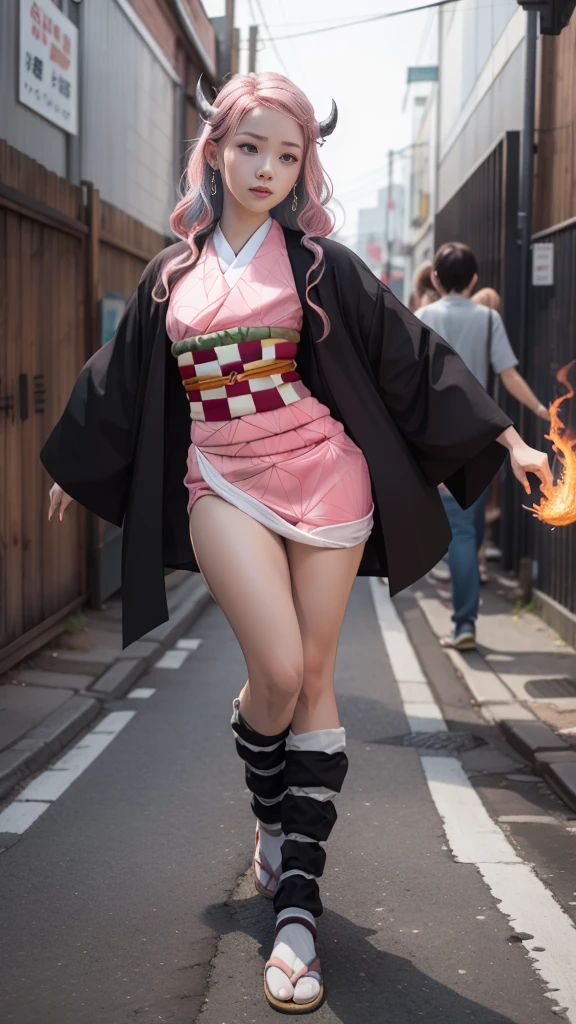 Cute Japanese woman, (16 years old), (Very cute face: 1.3), White moisturized skin,
BREAK,
Fighter, Kung Fu fighter, Idol,
BREAK,
(Wearing cute kimono: 1.3), (Very revealing kimono), Very big earrings, Short length,
BREAK,
(Long hair), (Gray hair), (Wavy hair), (Gradient pink hair: 1.3), (Red hair at the ends),
BREAK,
(Realistic: 1.3), Masterpiece, Perfect lighting, (Ultra high resolution), (8K), (Very detailed: 1.4), (From the front), Looking at the camera, Melancholic expression, (Full body),
BREAK,
(Japanese city streets: 1.2), Tokyo Tower in Japan background,
BREAK,
(Demon Slayer: 1.4),
BREAK,
(Hellfire: 1.3), Demon, (Real flames: 1.3)