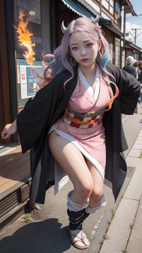 Cute Japanese woman, (), (Very cute face: 1.3), White moisturized skin,
BREAK,
Fighter, Kung Fu fighter, Idol,
BREAK,
(Wearing cute kimono: 1.3), (Very revealing kimono), Very big earrings, Short length,
BREAK,
(Long hair), (Gray hair), (Wavy hair), (Gradient pink hair: 1.3), (Red hair at the ends),
BREAK,
(Realistic: 1.3), Masterpiece, Perfect lighting, (Ultra high resolution), (8K), (Very detailed: 1.4), (From the front), Looking at the camera, Melancholic expression, (Full body),
BREAK,
(Japanese city streets: 1.2), Tokyo Tower in Japan background,
BREAK,
(Demon Slayer: 1.4),
BREAK,
(Hellfire: 1.3), Demon, (Real flames: 1.3)