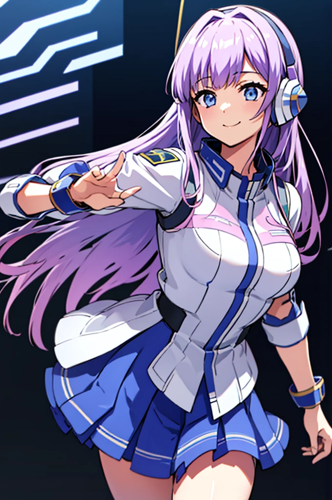 mecha wings、Blue Skirt、Accentuated thighs、chest、Light purple hair、1 girl、solo girl、IS、Frame Arms Girl、Alice Gere Aegis、Gundam、White Armor、Pink Line、income、headphone、hand on own chest、smile、Miike Naeko,One girl,alone,police,police ユニフォーム,police woman
