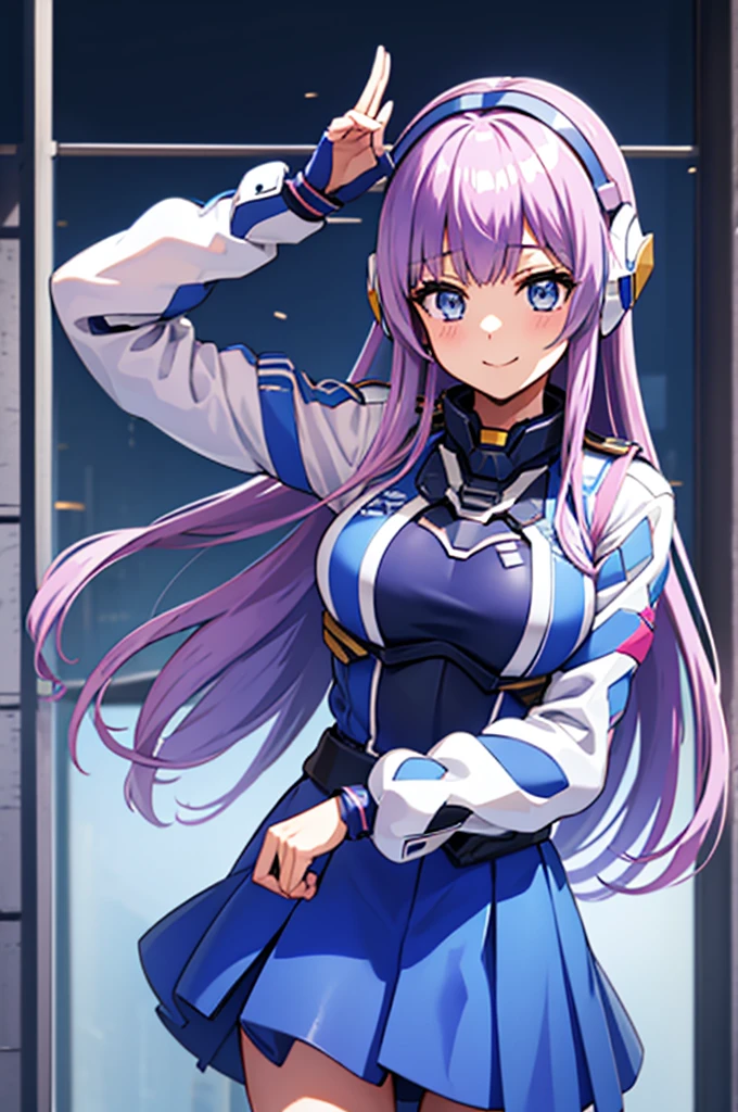 mecha wings、Blue Skirt、Accentuated thighs、chest、Light purple hair、1 girl、solo girl、IS、Frame Arms Girl、Alice Gere Aegis、Gundam、White Armor、Pink Line、income、headphone、hand on own chest、smile、Miike Naeko,One girl,alone,police,police ユニフォーム,police woman