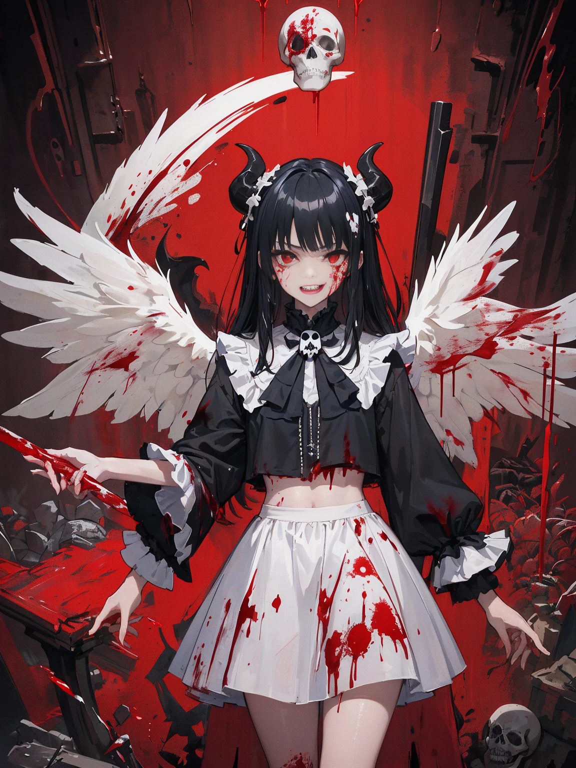 (Highest quality,4K,High resolution,masterpiece:1.2),Very detailed,Realistic:1.37,Spooky altar background,Dark fantasy,Red color scheme,Ominous atmosphere,Eye-catching,Storytelling,anatomy,Anime Style,Concept Art,beautiful細部までこだわった顔と (((Red eyes ))),A terrifying ritual ,Satanic Ritual,Premature death,Improper behavior,クレイジーなsmile,Scythe Face,Girl Monster, beautiful, Delicate facial features, Sharp Eye, Sharp Fangs, pale skin, Thick chain, Dark Background, Cinema Lighting, Dramatic Shadows, Gothic style, Gloomy atmosphere, Dark fantasy, One Girl, , Please open your mouth wide, Open your mouth and baring your teeth,Sharp teeth like a beast, Wide lips, very wide mouth, Vermilion cheeks, ,(Blood splatter:1.4),Scary smile, smile,Fallen angel design, Twisted smile、Bloodstained、bleeding from the head,,,,、Blood splatter、,(Blood splatter:1.4),Crossbones, skull,Horror Style, ((Fantasy Fallen Angel Costume)), ((Flowing black hair)), ,(Blood splatter:1.4),Female curves, Sexy flat stomach, Perfect hands, Perfect anime face, ((White ta Dress)), Are standing, ((邪悪なsmile)), ,(Blood splatter:1.4), Steam circulates, Moonlight Illumination, night lighting, disaster々new devil horns,,(Blood splatter:1.6),アニメFallen angel design, Twisted smile、Bloodstained、bleeding from the head,,,,、Blood splatter、,(Blood splatter:1.4),Crossbones, skull,Gothic architecture、Western architecture、Fantasy World、,Victorian cities, Skeleton Gas Light,Absurd, High resolution、 ((Tabletop)), ((Highest quality)), (Very detailedな), ((Very detailed)), (beautiful), ((pretty girl)), (NFSW:1.8), alone,(10 y)、(world'The most terrifying and creepy demon girl:1.5)beautiful face、Whole Body Ezbian、pale, Clear Skin、beautiful黒の髪、Smiling Kindly、Dark building ruins、(snow white'Frill dress:1.3)、(The dark ruins are stained with blood:1.3)、Low angle full body shot、(少女は血の海の中にAre standing:1.5)、(The ground is full of blood:1.3)、(The girl lost a lot of blood..:1.3)、)、(クレイジーなsmile:1.6)、Spirits、(Blood dripping from the mouth:1.3)