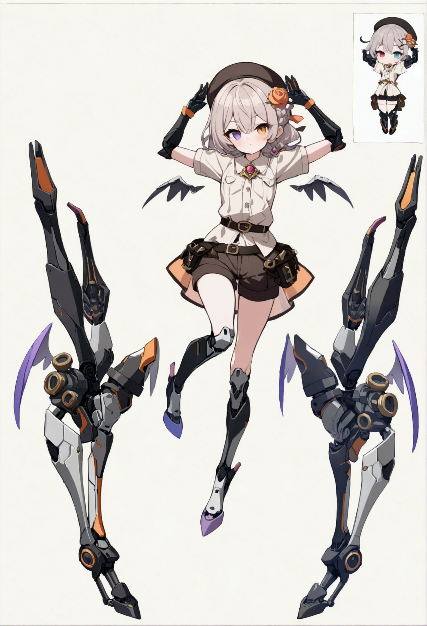 woman 165cm tall, slim build, , charming look, ((heterocromia: look like, derecho naranja y look like izquierdo violeta)), (Shoulder Length Wavy Gray Hair, a short braid on the left side of the hair, big open bangs, golden gear hairpin in hair), (((complex mechanical legs up to the hip, The legs are black with gray parts with small pink details))), (((complex mechanical arms up to the elbows, The arms are black with gray parts with small pink details))), (complex white mechanical angel wings with pastel green parts), (elegant black French beret with an orange rose ribbon), (elegant short collar button down shirt, shorts with small gear decorations, short sleeves, elegant black hip belt with orange parts, small rose brooch in the middle of the bust, beautiful mechanical stiletto heels), (((character design sheet: Front view))), (((Whole body))), extremely detailed beautiful hair, beautiful detailed clothing, extremely detailed arms, extremely detailed face, (Extremely detailed hands), perfect hands, small face, hermosos look likes detallados, beautiful detailed lips, adorable, extremely detailed legs, (Best Quality, 8k, ultra resolution), ultra detailed, Exquisite and epic character art, ((Pastel brown background)), (Focus on symmetry), (extremely detailed wings).