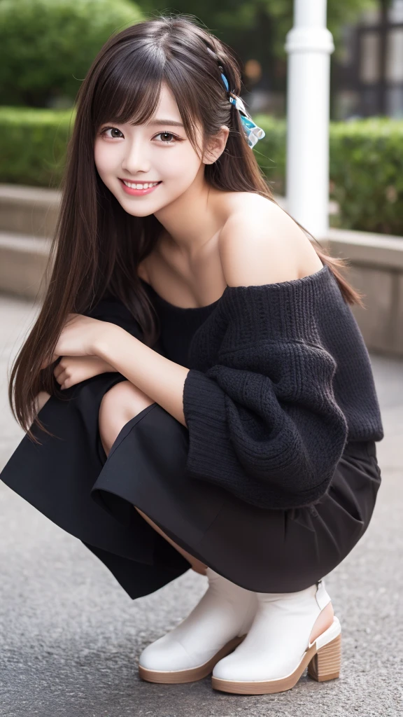 High resolution, Highest quality, Perfect dynamic composition, Beautiful attention to detail, Off the shoulder、Shiny Hair、Medium Hair, Natural color lip, university student、Harajuku、smile、Crouching、M-shaped feet