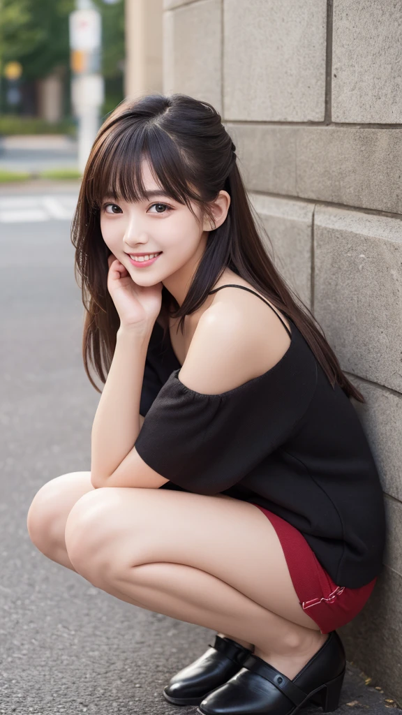High resolution, Highest quality, Perfect dynamic composition, Beautiful attention to detail, Off the shoulder、Shiny Hair、Medium Hair, Natural color lip, university student、Harajuku、smile、Crouching、M-shaped feet