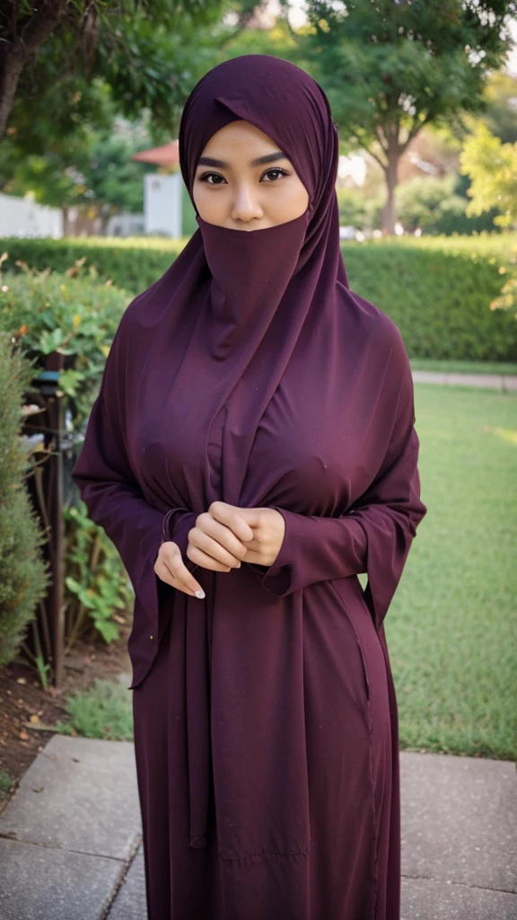 A beautiful Asian girl in a long hijab with tight and clearly visible breasts, With dark colored clothes, and good quality images 