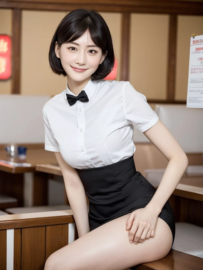 Highest quality、masterpiece、8k、Very detailed、Realistic、One person、Looking at me with a smile、whole body、Black Hair、Short Hair、Small face、Slender、Big Breasts、Thin and beautiful legs、narrow and constricted waist,、(Family Restaurant Uniforms:1.2)