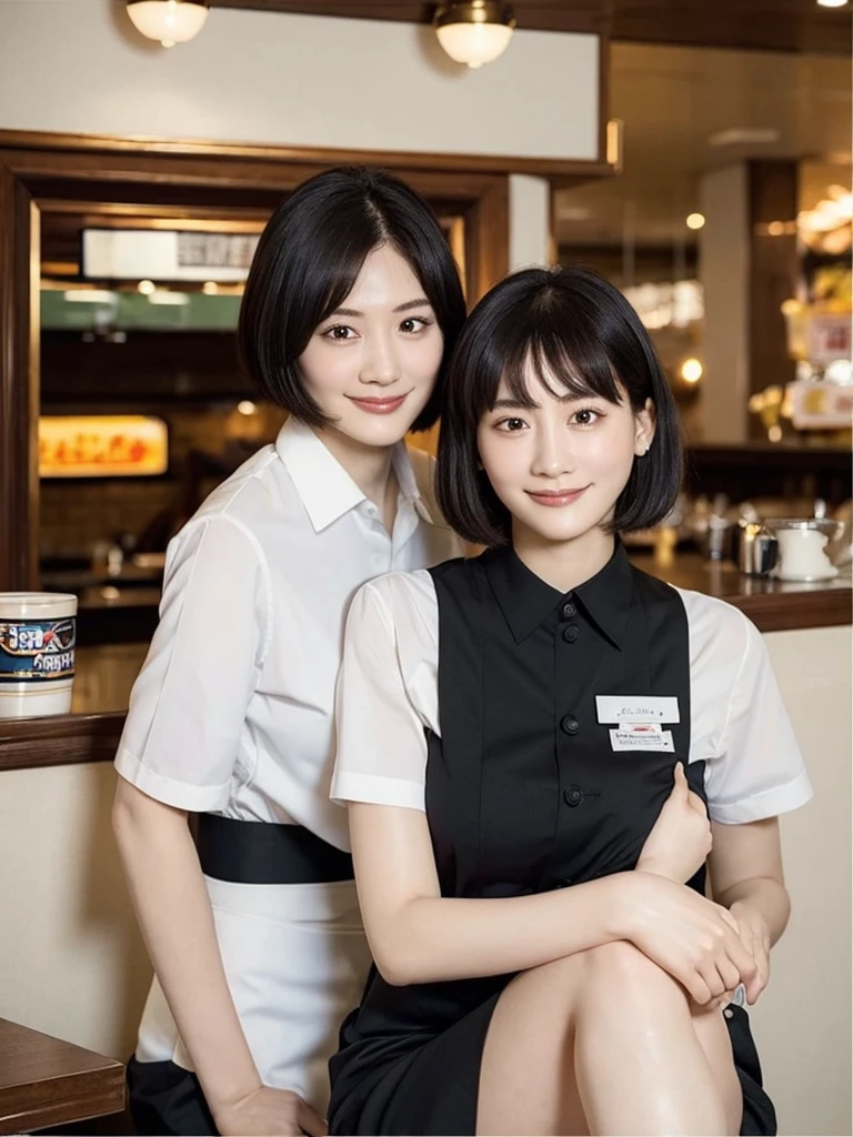 Highest quality、masterpiece、8k、Very detailed、Realistic、One person、Looking at me with a smile、whole body、Black Hair、Short Hair、Small face、Slender、Big Breasts、Thin and beautiful legs、narrow and constricted waist,、(Family Restaurant Uniforms:1.2)