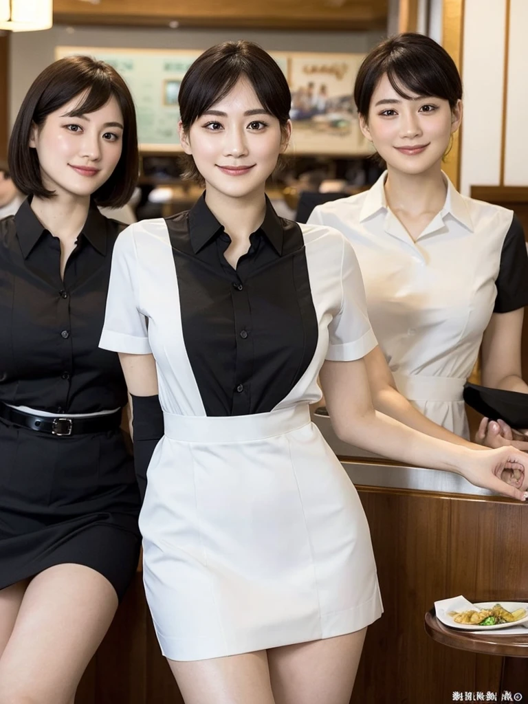 Highest quality、masterpiece、8k、Very detailed、Realistic、One person、Looking at me with a smile、whole body、Black Hair、Short Hair、Small face、Slender、Big Breasts、Thin and beautiful legs、narrow and constricted waist,、(Family Restaurant Uniforms:1.2)