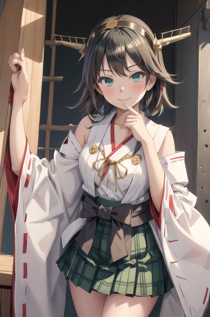 Highest quality, masterpiece, High resolution, alone, {Mount Hiei_Fleet Collection:1.15}, オレンジ色hair, hairband, headgear, Non-traditional_Shrine maiden, smile, green_eye, Inverted up_hair, smile, One Girl, dependent_sleeve, green_skirt, Plaid, Plaid_skirt, ribbon-trimmed_sleeve, ribbon_trim, skirt, Office Background,
