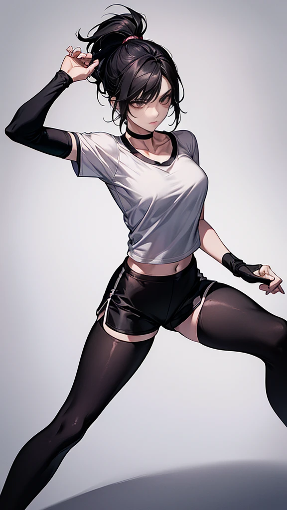 ((Highest quality)), ((masterpiece)), (detailed) {{{Slender female martial arts instructor}}} Shorts {{Décolletage}} White short sleeve T-shirt Mature Woman ((Combat Stance)) Long fingerless gloves Black tights {{Inside the dojo}} Black Hair ponytail ((Leggings with integrated shorts)) clavicle choker