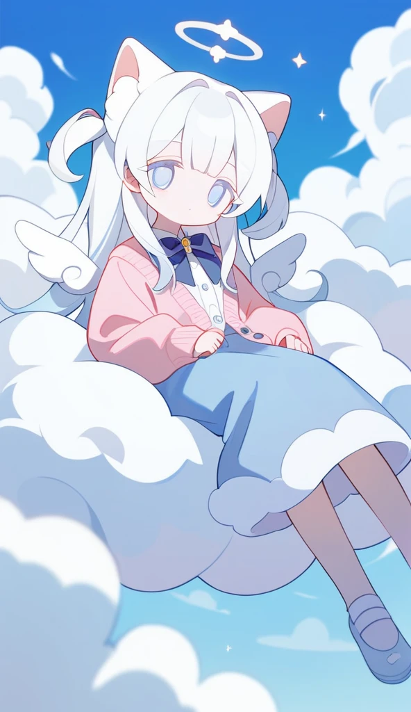 1girl,solo,core_9,score_8_up,score_7_up,Expressiveh,rating_safe,(masterpiece, best quality),long fluffy white hair,baby blue long skirt,l=pastel pink cardigan with buttons and bow,white eyes,white eyelashes,mini angel wings,blue skiy,clouds,sitting on cloud