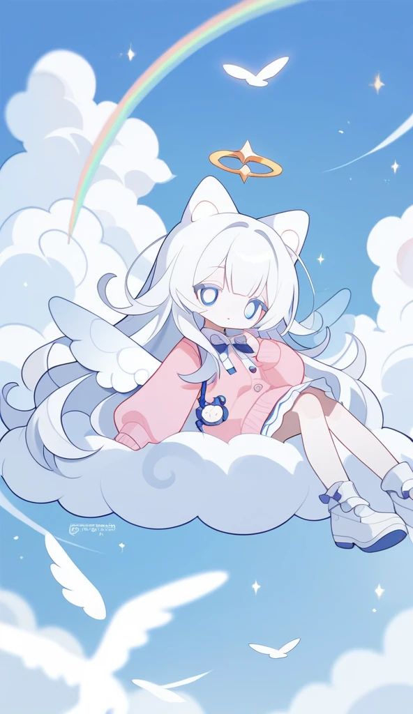 1girl,solo,core_9,score_8_up,score_7_up,Expressiveh,rating_safe,(masterpiece, best quality),long fluffy white hair,baby blue long skirt,l=pastel pink cardigan with buttons and bow,white eyes,white eyelashes,mini angel wings,blue skiy,clouds,sitting on cloud