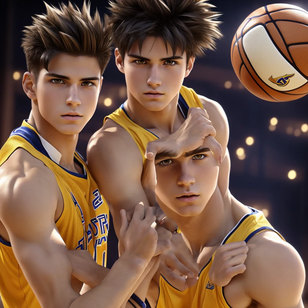 work of art, Anime CG, boy, short white spiky hair, wheat-colored skin, muscles, sports boy, wearing basketball uniform, soft texture, Silk Texture , Golden students, perfects eyes  