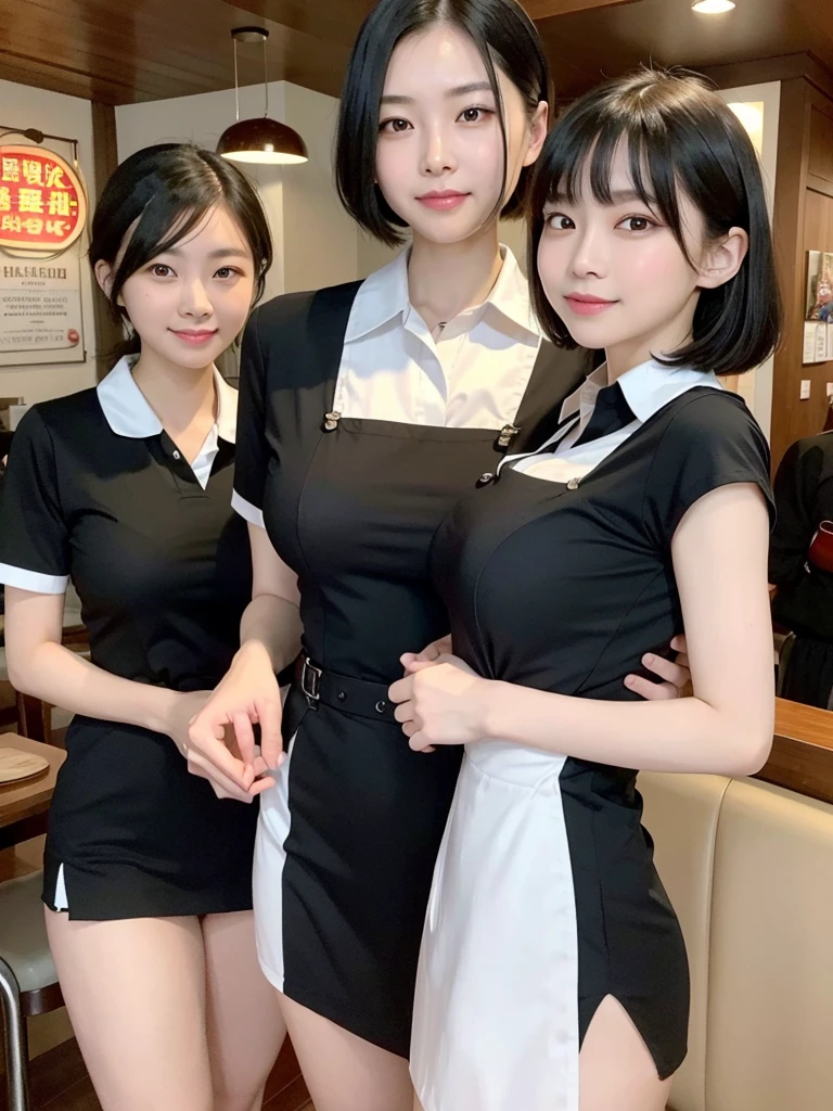 Highest quality、masterpiece、8k、Very detailed、Realistic、Looking at me with a smile、whole body、Black Hair、Short Hair、Small face、Slender、Big Breasts、Thin and beautiful legs、narrow and constricted waist,、(Family Restaurant Uniforms:1.2)
