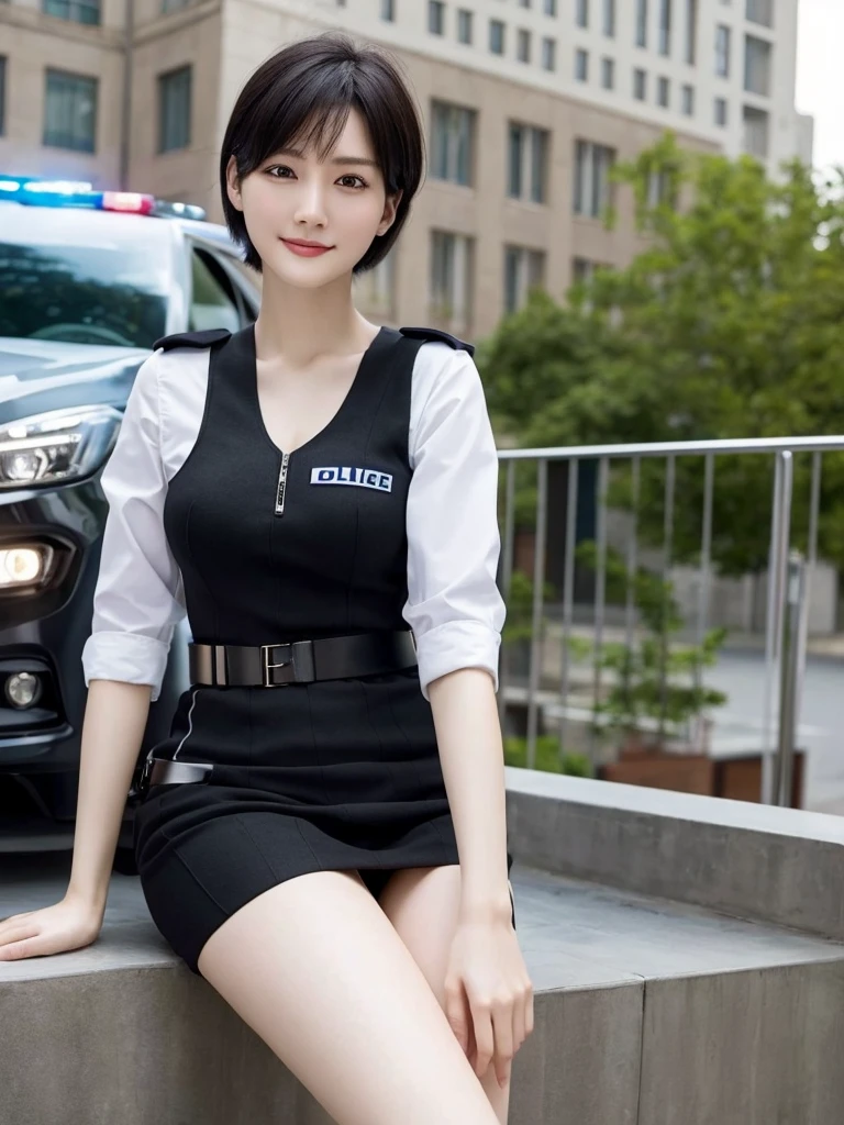 Highest quality、masterpiece、8k、Very detailed、Realistic、Looking at me with a smile、whole body、Black Hair、Short Hair、Small face、Slender、Big Breasts、Thin and beautiful legs、narrow and constricted waist,、(Police uniform:1.2)