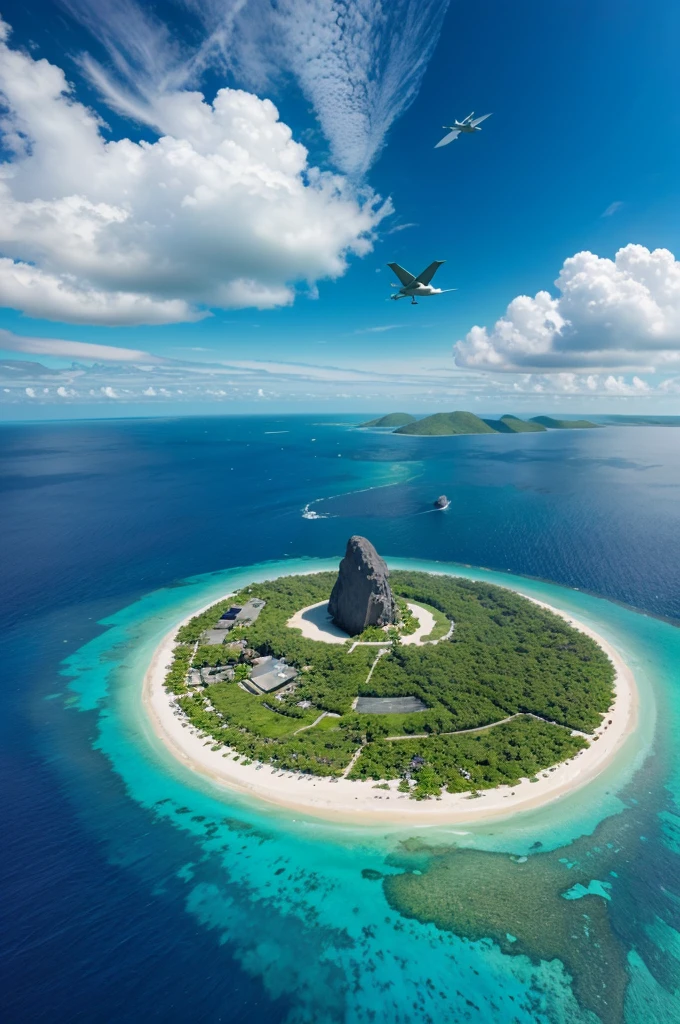 Create a image in that island is flying in the air in 8k in ultra vide angle