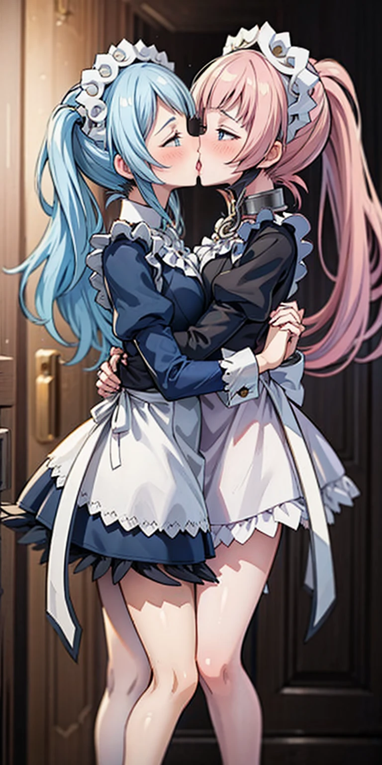 (Felicia + Flora Maid outfit) 2girls together, standing next to each other, holding hands and hugging each other, french kiss, kiss, add details, very detailed, wearing metal collar, bracers, shackles