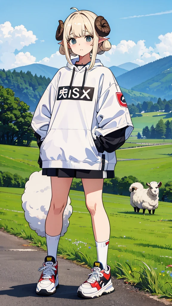 Sheep themed characters, Wearing big sneakers, サイバーパンク, Ram's horn, Keep the background simple, Magazine cover design, パステルピンクのイメージカラー, Keep the background simple, cloud hair, light smile, closed eyes, projected inset, UHD, highres, best quality, 8k