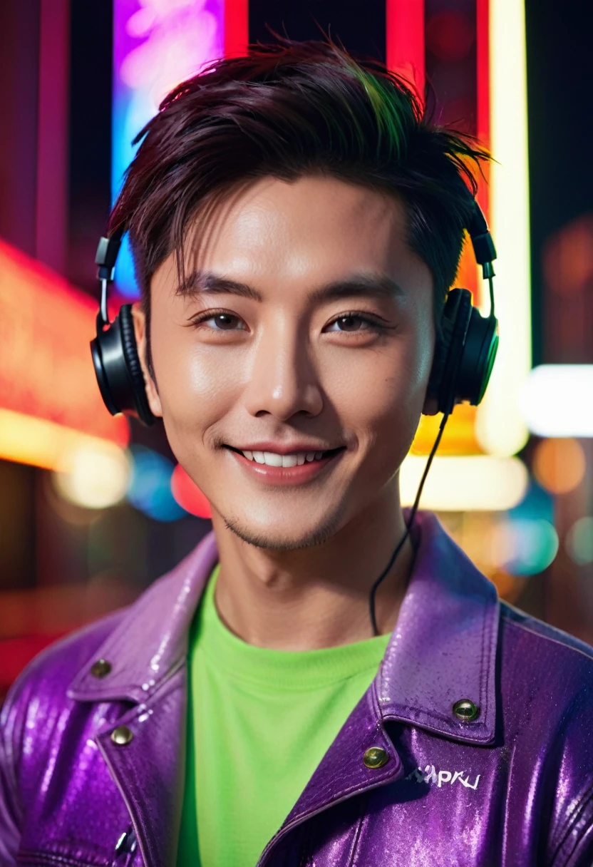portrait photo of a gorgeous young man, handsome face Japanese guys, still from the film, ((solo)), (이민호 look alike face: 0.9), He is 35 years old, 176 cm tall, smiling, with short Buzz cut hair in a purple and green ombre. He has electric blue eyes and is wearing a beige leather jacket, a neon amethyst t-shirt, ripped jeans, and red sneakers. He has multiple tattoos (a dragon on his arm, a phoenix on his neck) and various piercings, (eye, nose, and ears). She is also wearing large headphones and bright colored sunglasses. The background should depict a futuristic cityscape with neon lights, colorful graffiti, with vibrant colors and striking features, Leica SL3, Summicron-SL 75 f/2 ASPH, kodak gold 200 film,