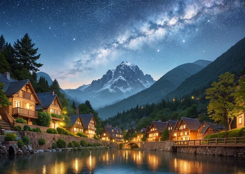 Prompt: A picturesque village landscape set against majestic mountains, illuminated by a starry night sky. The stars twinkle brightly, creating a magical atmosphere reminiscent of Ghibli Studio's enchanting style. The village houses have warm, glowing lights, and the scene is filled with gentle, whimsical details that evoke a sense of wonder and tranquility.
