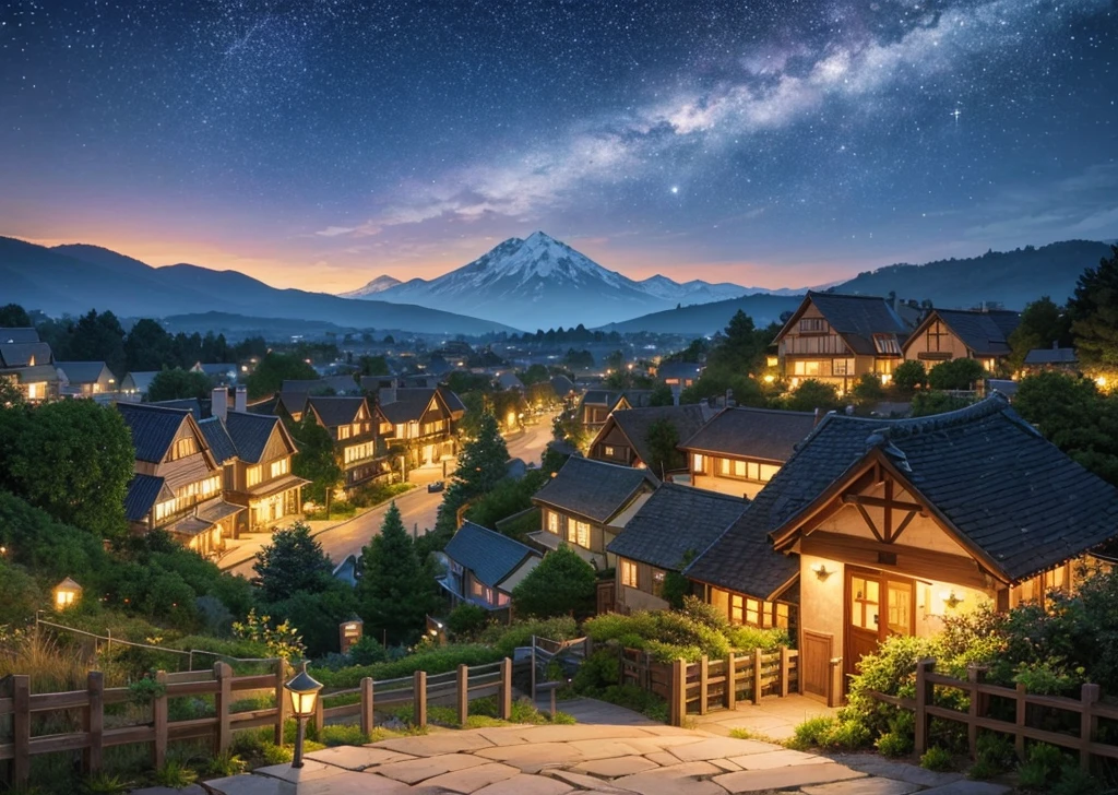 Prompt: A picturesque village landscape set against majestic mountains, illuminated by a starry night sky. The stars twinkle brightly, creating a magical atmosphere reminiscent of Ghibli Studio's enchanting style. The village houses have warm, glowing lights, and the scene is filled with gentle, whimsical details that evoke a sense of wonder and tranquility.