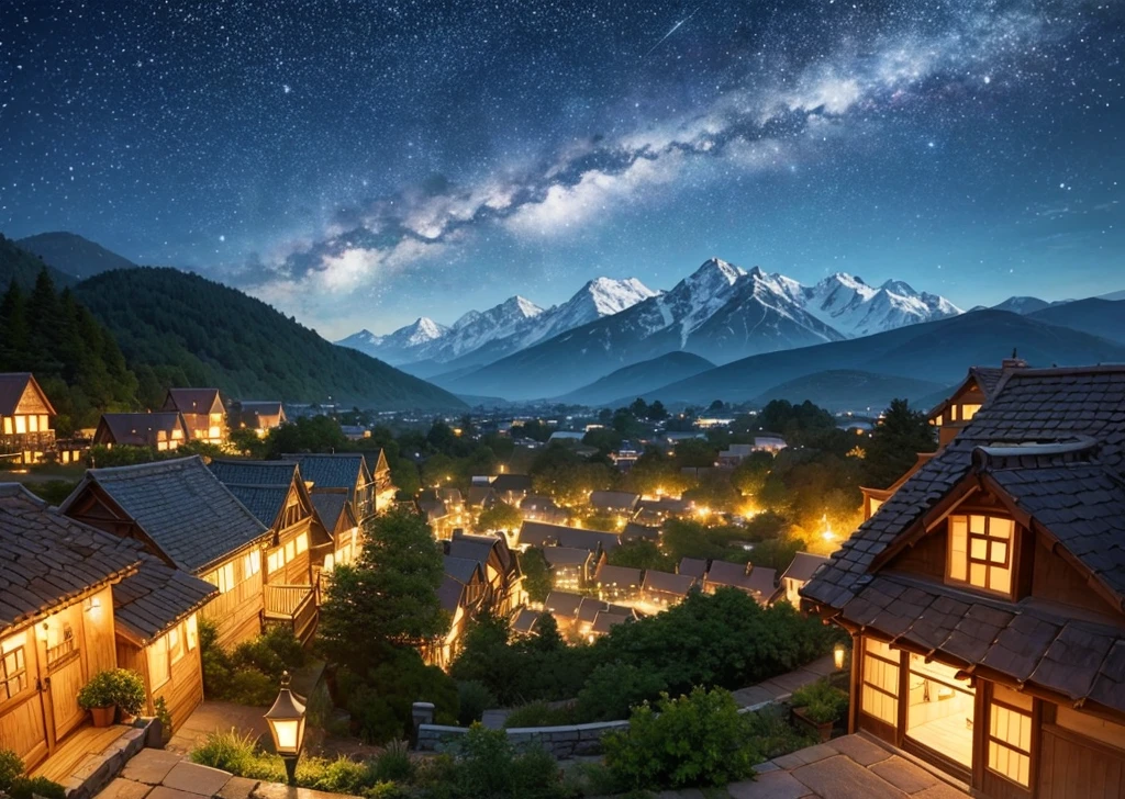 Prompt: A picturesque village landscape set against majestic mountains, illuminated by a starry night sky. The stars twinkle brightly, creating a magical atmosphere reminiscent of Ghibli Studio's enchanting style. The village houses have warm, glowing lights, and the scene is filled with gentle, whimsical details that evoke a sense of wonder and tranquility.
