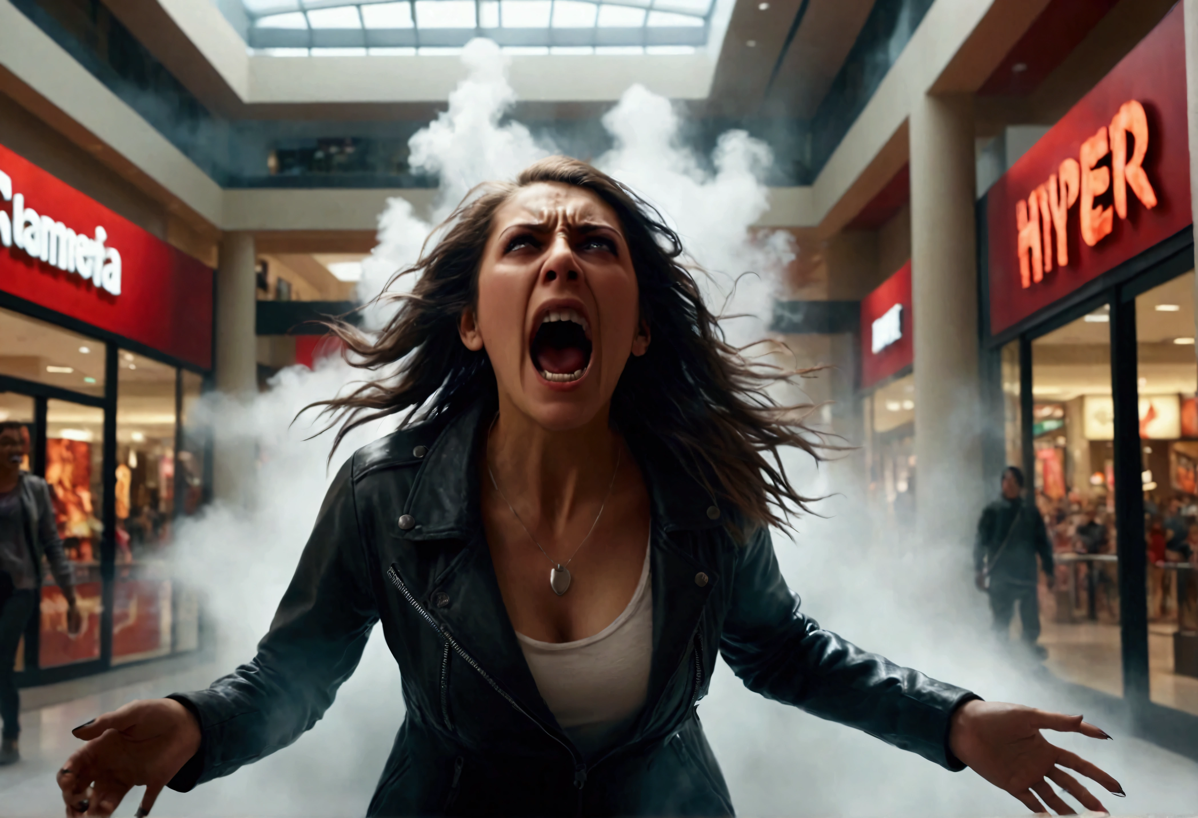 a woman screaming in terror, liquid metal coalescing into a bloodthirsty demon, busy shopping mall, hyper realistic, cinematic lighting, dramatic shadows, volumetric fog, vibrant colors, unreal engine, photorealistic, detailed facial features, expressive eyes, highly detailed, 8k, masterpiece, cinematic composition, dramatic atmosphere, intense contrast, moody lighting
