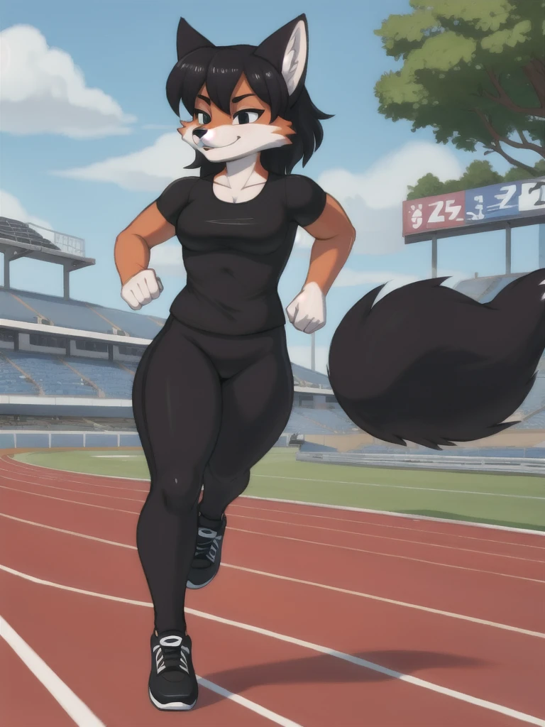 Furry, fox, female, black shirt, black leggings, shoes, running track, solo, full body