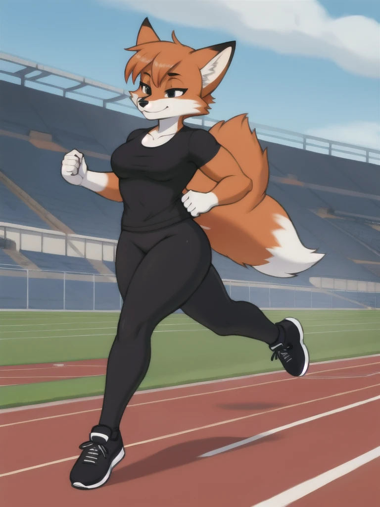 Furry, fox, female, black shirt, black leggings, shoes, running track, solo, full body