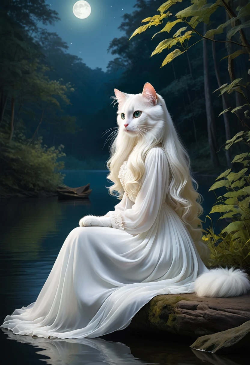 Realistic portrait of a dressed animal - beautiful anthropomorphic long-haired white cat, White long hair、青いMelancholyな瞳、Long white hair fluttering down her back、Sitting by the lake at night in a mysterious forest wearing a white chiffon long dress、A cat's reflection on the lake surface、The fantastic light of fireflies flying over the water、Highly detailed decorations,, (Melancholy),Golden Hour、Backlight、Dramatic(Full body image:1.5)
