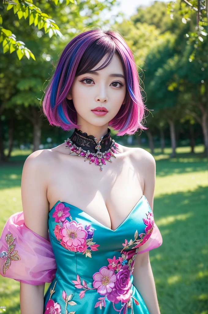 (masterpiece:1.4), (best quality:1.4), ultra high res, ultra high resolution, ((detailed facial features)), HDR, (realistic, photorealistic, photo-realistic:1.37), full body Esbian, sexy Vietnamese model, (-anime), only 1 model, vivid colors, ((vivid colors multicolor (fuchsia, pink, light blue, purple) very short hair)), (seductive smile), lip-gloss, long lashes, defined eyebrows, wearing large sparkling colorful jewelery, wearing a red silk Paradise Kiss cosplay dress with black floral embroidery, ((vivid colors outfit)), vivid colors, look at the camera, cinematic light, large park background with trees, sweet and sexy pose